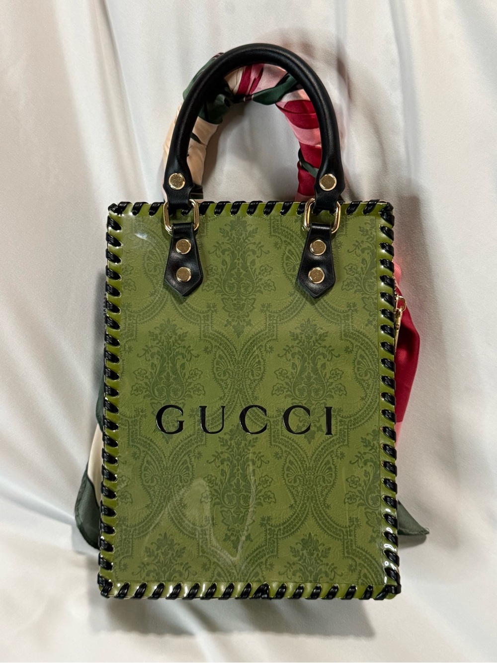 Upcycled Gucci Olive Green Tote with Pink-Green Scarf Handle and Gold Charm - Picture 4 of 7
